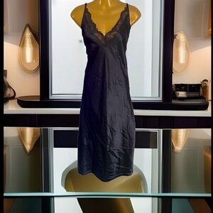 Black Lace & Silky Sexy Slip MIDI Front Deep V Kneck W/Lace & Back Side